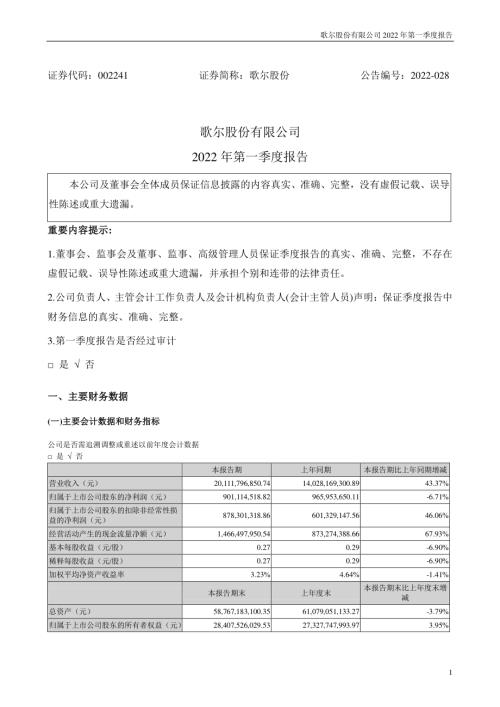 歌尔股份：2022年一季度报告.PDF
