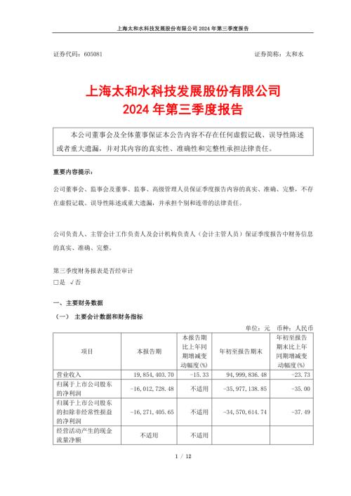 太和水：上海太和水科技发展股份有限公司2024年第三季度报告.pdf