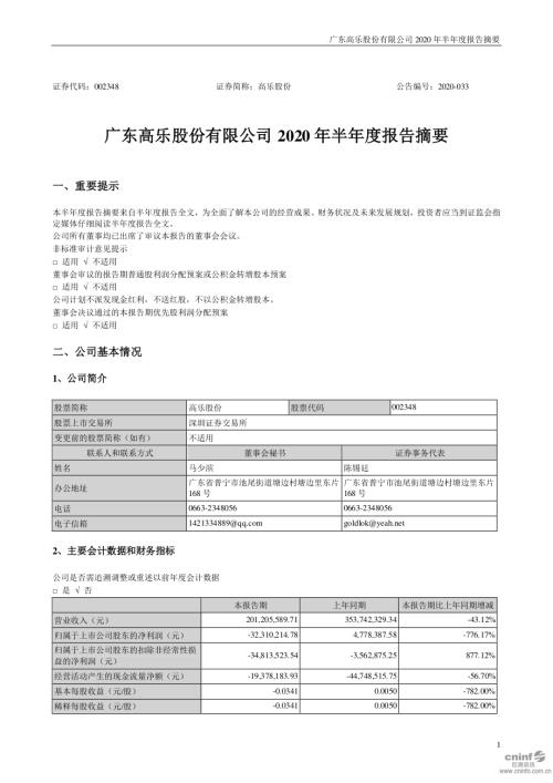 高乐股份：2020年半年度报告摘要.PDF