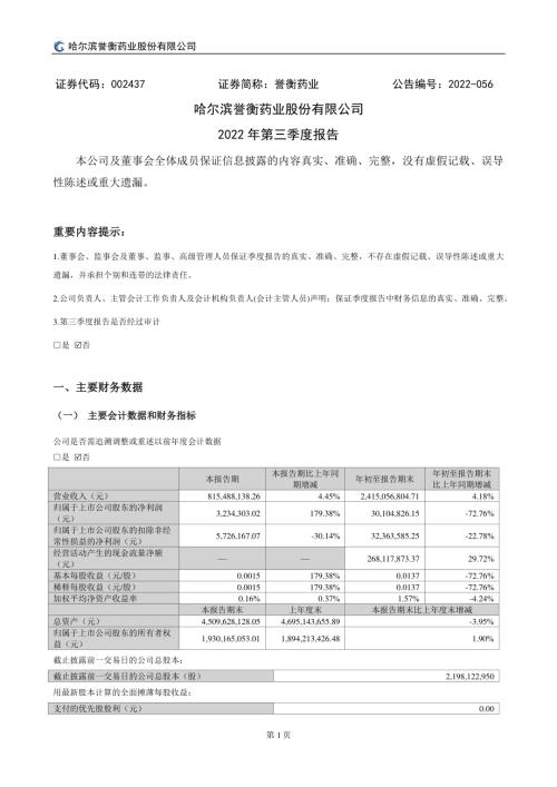 誉衡药业：2022年三季度报告.PDF