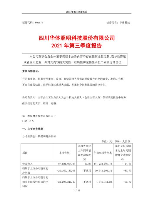 华体科技：四川华体照明科技股份有限公司2021年第三季度报告.PDF