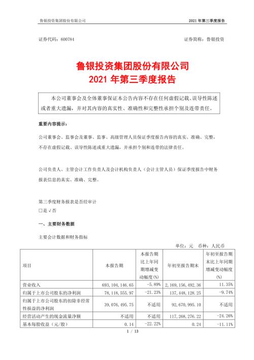 鲁银投资：鲁银投资2021年第三季度报告.PDF