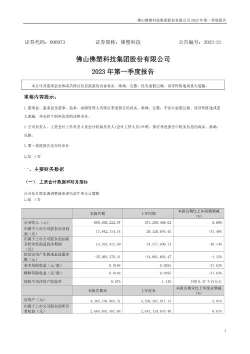 佛塑科技：2023年一季度报告.PDF