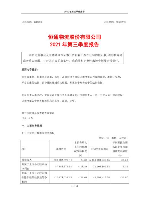 恒通股份：恒通物流股份有限公司2021年第三季度报告.PDF