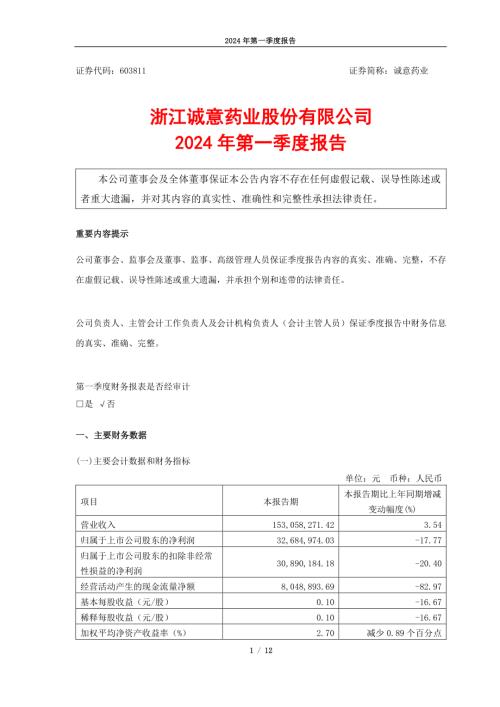诚意药业：浙江诚意药业股份有限公司2024年第一季度报告.PDF
