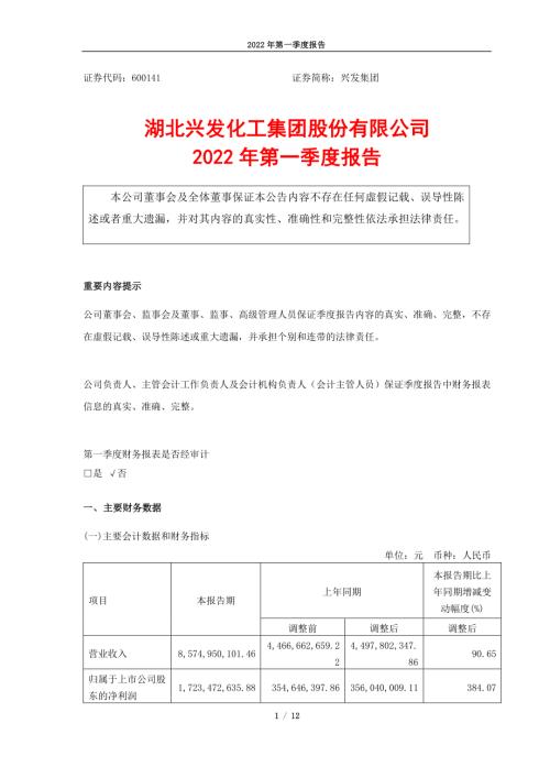兴发集团：湖北兴发化工集团股份有限公司2022年第一季度报告.PDF