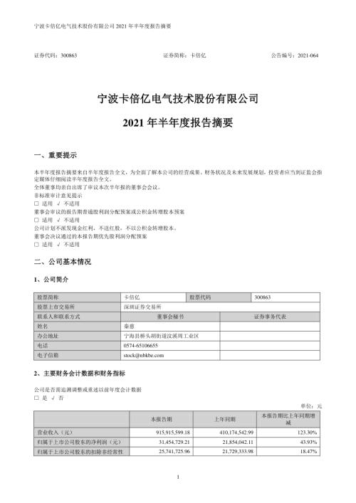 卡倍亿：2021年半年度报告摘要.PDF