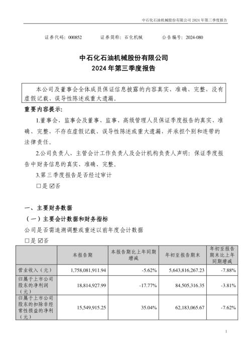 石化机械：2024年三季度报告.PDF