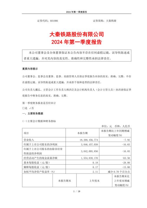 大秦铁路：大秦铁路2024年第一季度报告.PDF