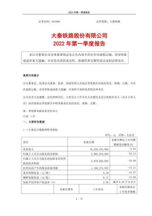 大秦铁路：大秦铁路2022年第一季度报告.PDF
