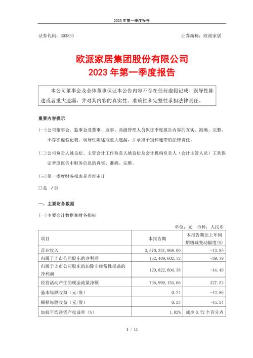 欧派家居：2023年第一季度报告.PDF