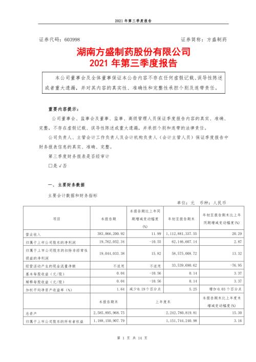 方盛制药：方盛制药2021年第三季度报告.PDF
