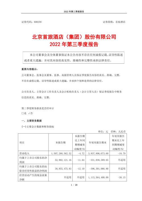 首旅酒店：北京首旅酒店（集团）股份有限公司2022年第三季度报告.PDF