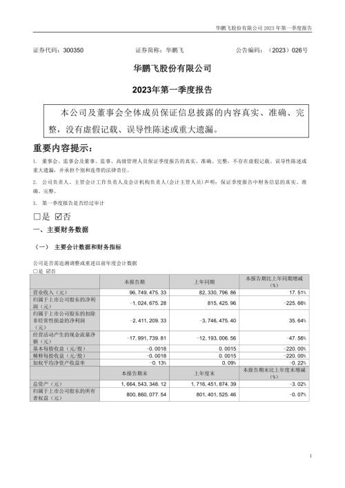 华鹏飞：2023年一季度报告.PDF