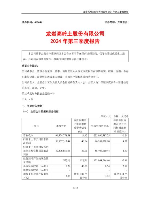 龙高股份：龙岩高岭土股份有限公司2024年第三季度报告.PDF