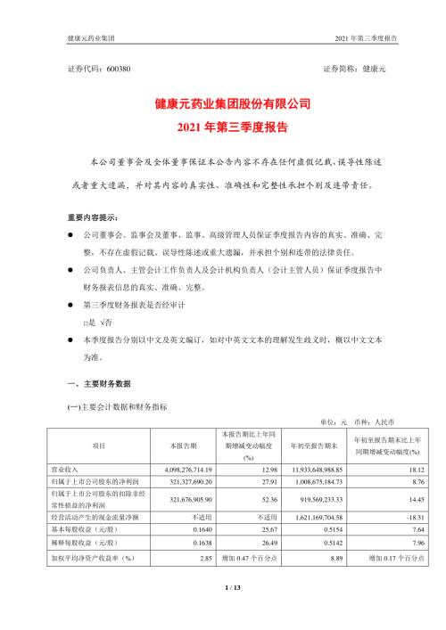 健康元：健康元药业集团股份有限公司2021年第三季度报告.PDF