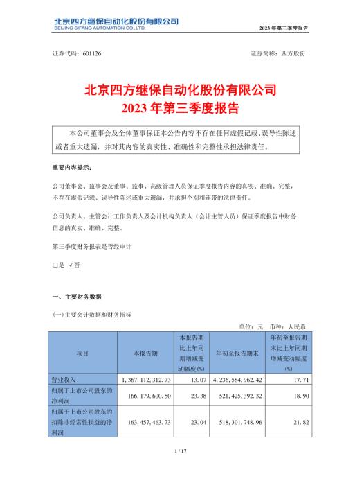 四方股份：四方股份2023年第三季度报告.PDF