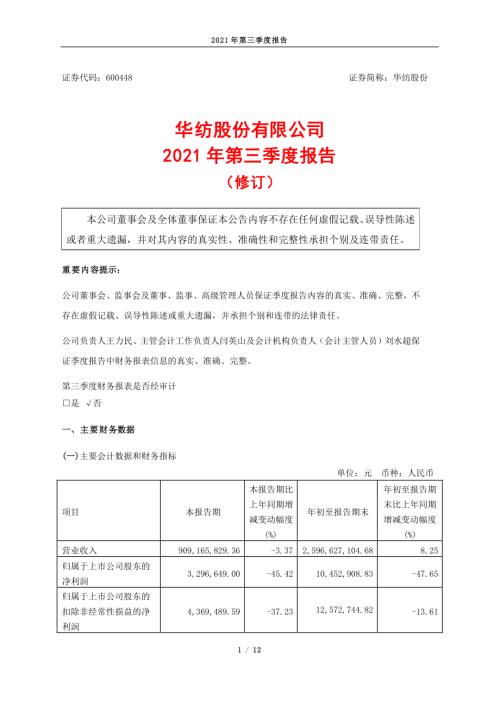 华纺股份：华纺股份2021年第三季度报告（修订版）.PDF