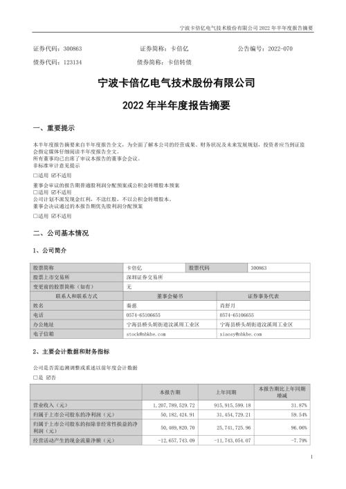 卡倍亿：2022年半年度报告摘要.PDF