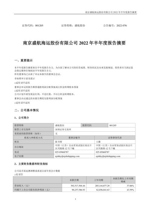 盛航股份：2022年半年度报告摘要.PDF