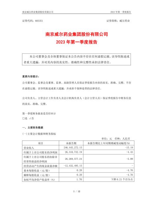 威尔药业：威尔药业2023年第一季度报告.PDF