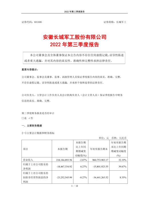 长城军工：安徽长城军工股份有限公司2022年第三季度报告.PDF