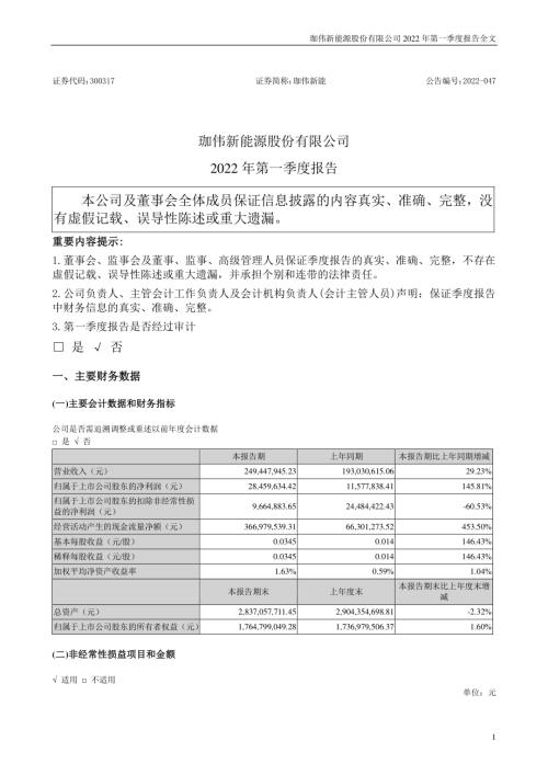 珈伟新能：2022年一季度报告.PDF