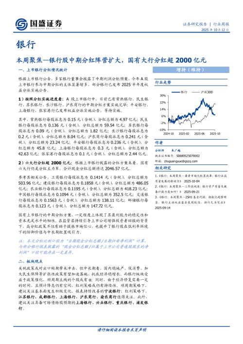 【国盛证券】银行业本周聚焦：银行股中期分红阵营扩大，国有大行分红超2000亿元-251012（12页）.pdf