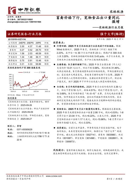 【中原证券】农林牧渔行业月报：畜禽价格下行，宠物食品出口量同比微增-251017（15页）.pdf