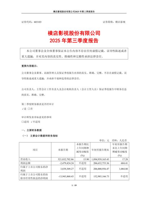 横店影视：横店影视股份有限公司2025年第三季度报告.PDF