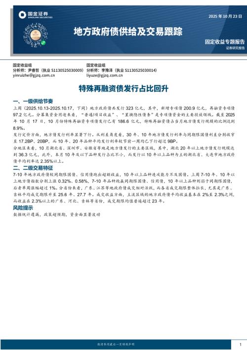 【国金证券】地方政府债供给及交易跟踪：特殊再融资债发行占比回升-251023（7页）.pdf