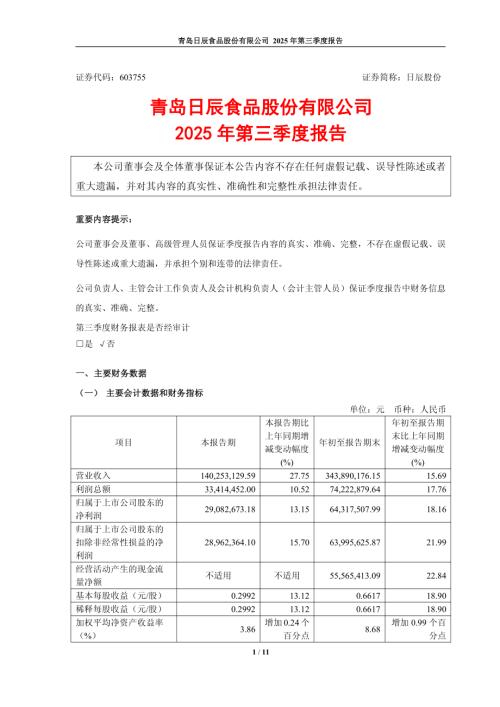 日辰股份：青岛日辰食品股份有限公司2025年第三季度报告.PDF