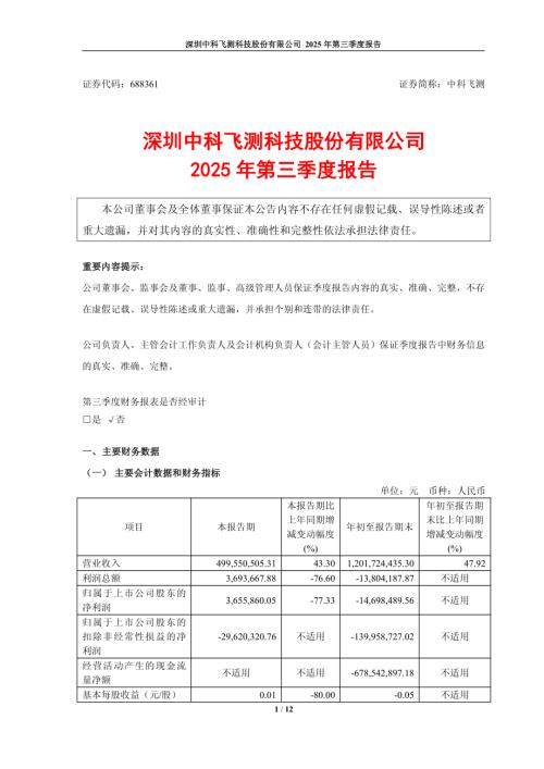 中科飞测：深圳中科飞测科技股份有限公司2025年第三季度报告.PDF