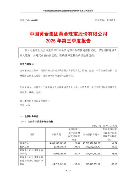 中国黄金：中国黄金集团黄金珠宝股份有限公司2025年第三季度报告.PDF