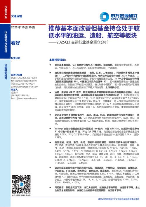 2025Q3交运行业基金重仓分析：推荐基本面改善但基金持仓处于较低水平的油运、造船、航空等板块-251030（7页）.pdf