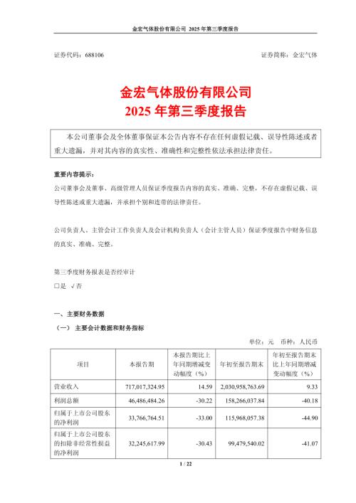 金宏气体：2025年第三季度报告.PDF