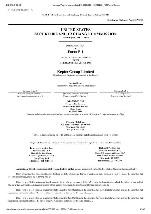 Kepler Group Ltd（KPL）美股招股说明书 F-1 （2025-10-08修订版）（英文版）（196页）.pdf