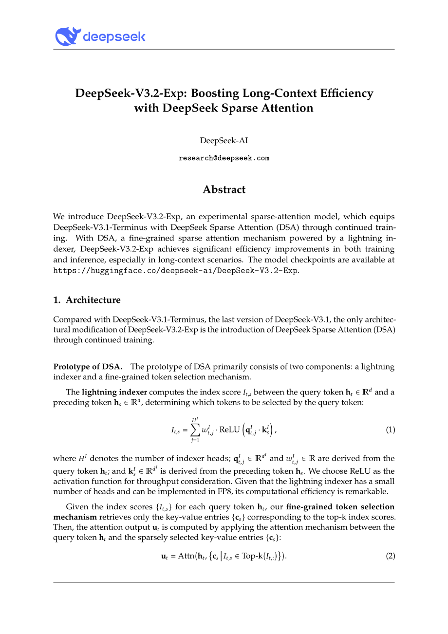 DeepSeek：2025 DeepSeek-V3.2-Exp技术报告（英文版）（6页）.pdf_第1页
