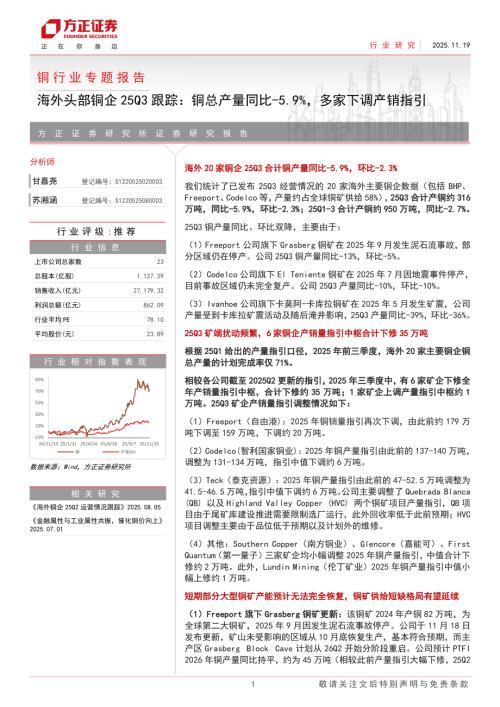 铜行业专题报告：海外头部铜企25Q3跟踪铜总产量同比下降5.9%多家下调产销指引-251119（4页）.pdf
