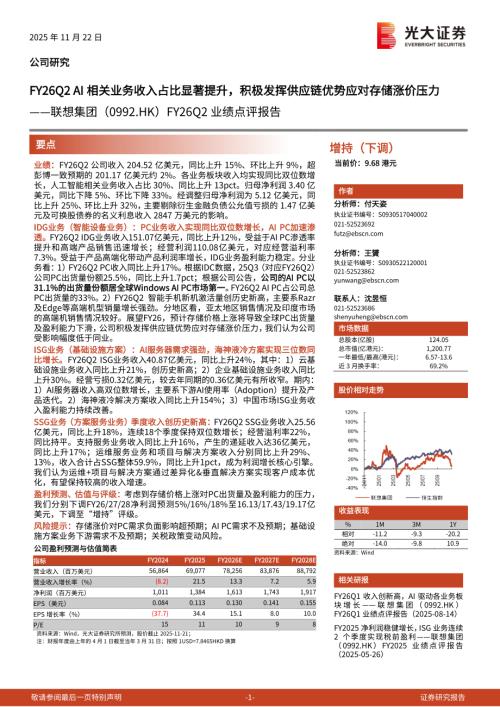 联想集团（0992.HK）-港股公司研究报告：FY26Q2业绩点评报告：FY26Q2 AI相关业务收入占比显著提升积极发挥供应链优势应对存储涨价压力-251122（5页）.pdf