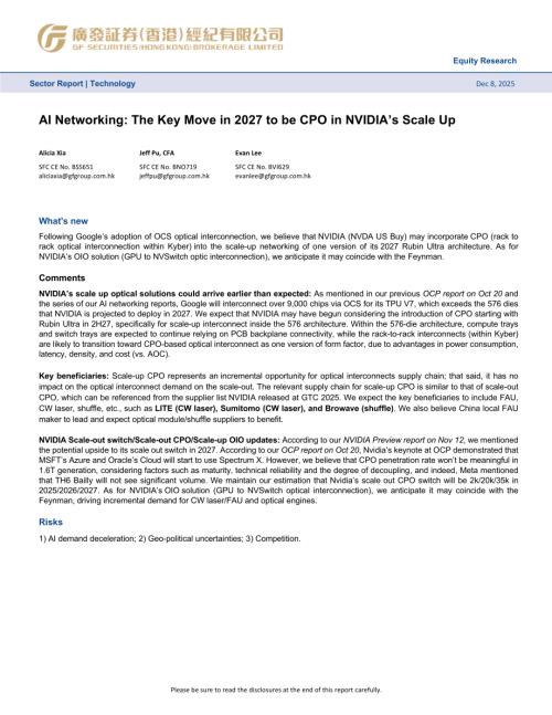 电子设备-英伟 CPO新进展-AI Networking The Key Move in 2027 to be CPO in NVIDIA’s Scale Up-251209（3页）.pdf