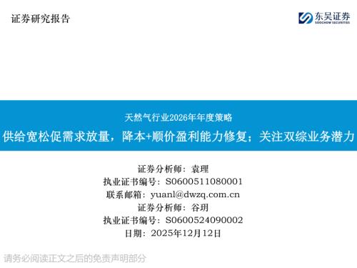 【东吴证券】天然气行业2026年年度策略：供给宽松促需求放量，降本+顺价盈利能力修复；关注双综业务潜力-251212（38页）.pdf