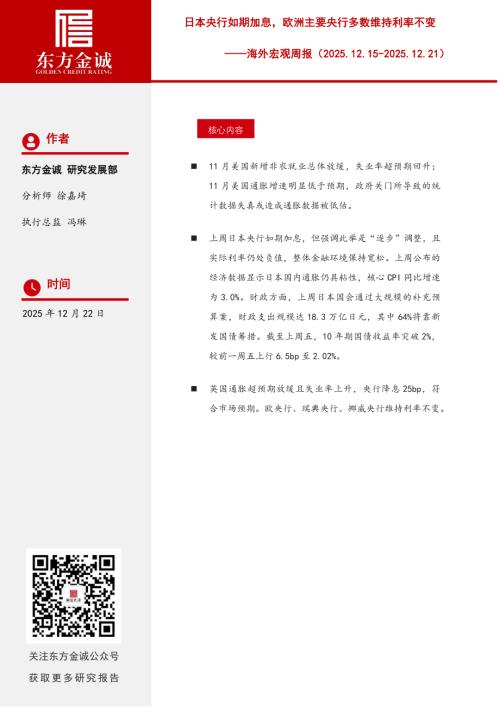 【东方金诚】海外宏观周报：日本央行如期加息，欧洲主要央行多数维持利率不变-251222（13页）.pdf