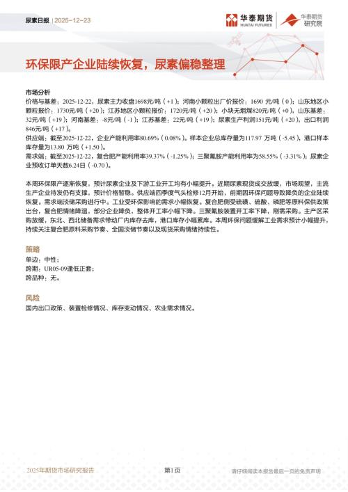 【华泰期货】尿素日报：环保限产企业陆续恢复，尿素偏稳整理-251223（10页）.pdf