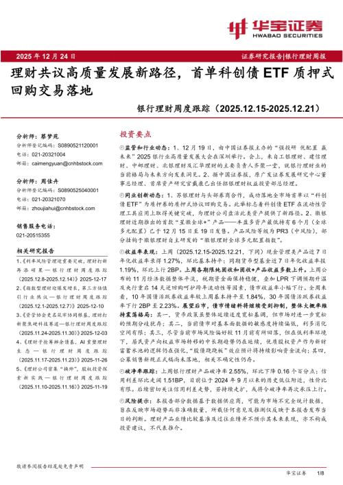 【华宝证券】银行理财周度跟踪：理财共议高质量发展新路径，首单科创债ETF质押式回购交易落地-251224（8页）.pdf