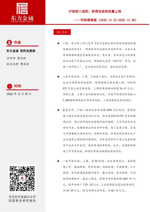 【东方金诚】可转债周报：沪指收八连阳，转债也迎来放量上涨-251229（11页）.pdf