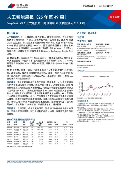 互联网行业人工智能周报（25年第49周）：DeepSeek~V3.2正式版发布腾讯自研AI大模型混元2.0上线-251208（11页）.pdf