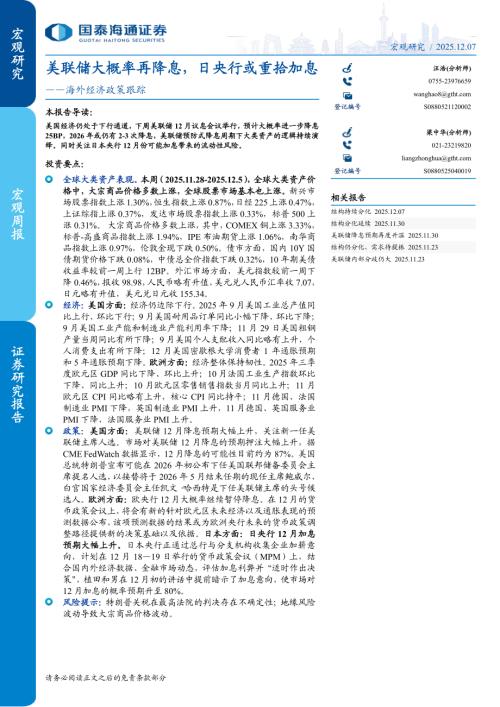 海外经济政策跟踪：美联储大概率再降息日央行或重拾加息-251207（9页）.pdf