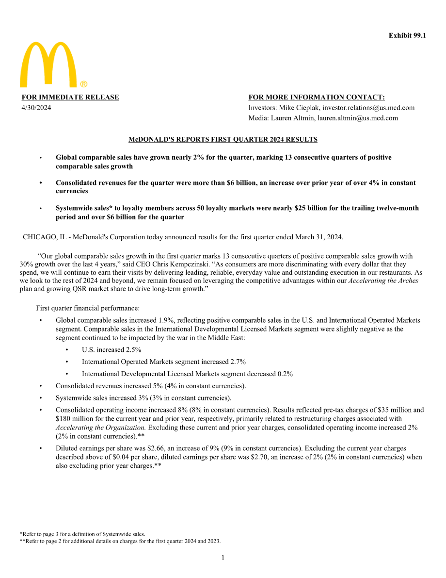 麦当劳McDonald's（MCD）2024年第一季度业绩报告（英文版）（4页）.pdf_第1页