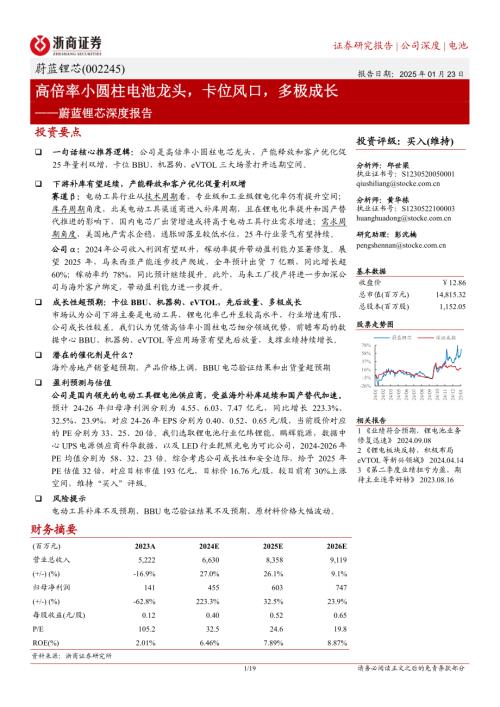 蔚蓝锂芯-公司深度报告：高倍率小圆柱电池龙头卡位风口多极成长-250123（19页）.pdf